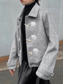 FRIFUL Women's Long Sleeve Horn Button Placket Casual Overcoat - Grey - View 4