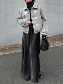 FRIFUL Women's Long Sleeve Horn Button Placket Casual Overcoat - Grey - View 5