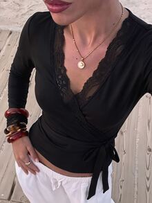 Opulessa Women's Solid Color Contrast Lace V-Neck Long Sleeve Side Tie Slim Fit T-Shirt - Black - View 1
