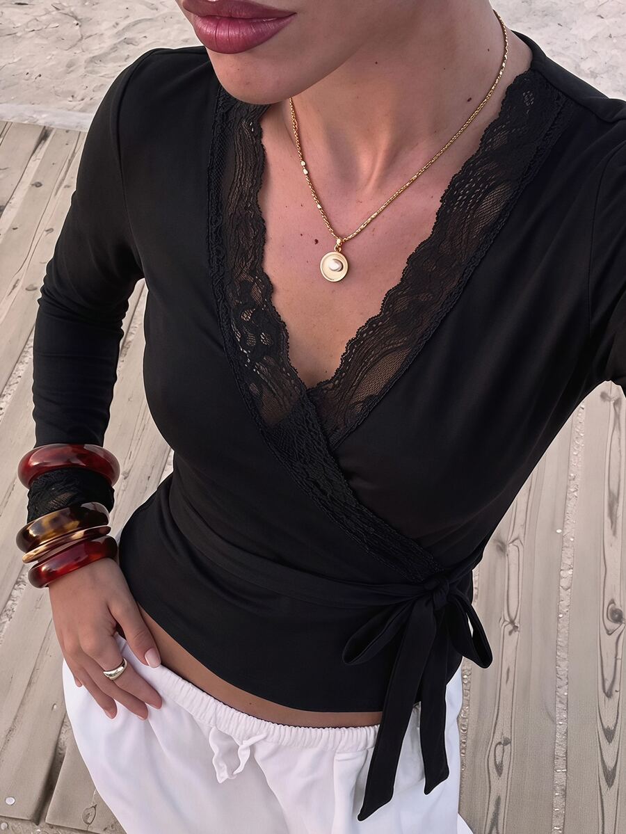 Opulessa Women's Solid Color Contrast Lace V-Neck Long Sleeve Side Tie Slim Fit T-Shirt - Black - View 1