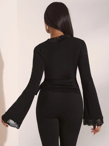 Opulessa Women's Solid Color Contrast Lace V-Neck Long Sleeve Side Tie Slim Fit T-Shirt - Black - View 3
