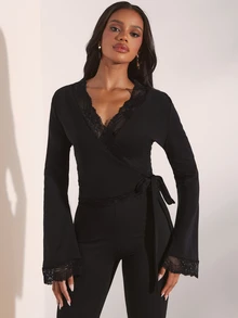 Opulessa Women's Solid Color Contrast Lace V-Neck Long Sleeve Side Tie Slim Fit T-Shirt - Black - View 4