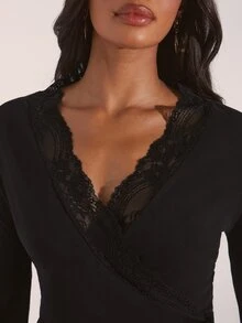 Opulessa Women's Solid Color Contrast Lace V-Neck Long Sleeve Side Tie Slim Fit T-Shirt - Black - View 5