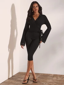 Opulessa Women's Solid Color Contrast Lace V-Neck Long Sleeve Side Tie Slim Fit T-Shirt - Black - View 6