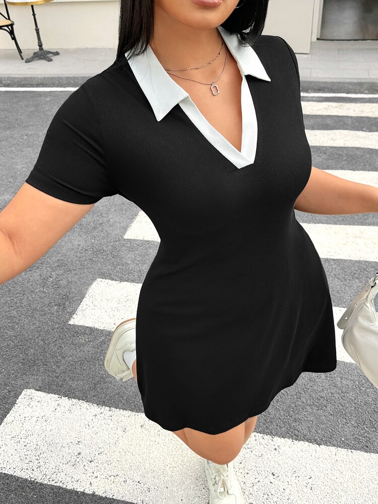 Muchica Plus Size Women Colorblock Lapel Short Sleeve Casual Business Casual 90s Dress,Graduation Dress Back-To-School Graduation Black And White Summer - Black - View 6