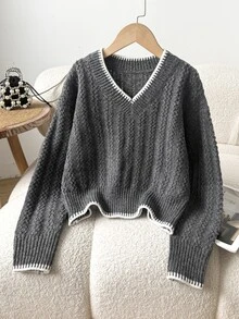 SHEIN Tween Girl Simple Colorblock Trim Casual V-Neck Sweater Top Fall/Winter - Dark Grey - View 1
