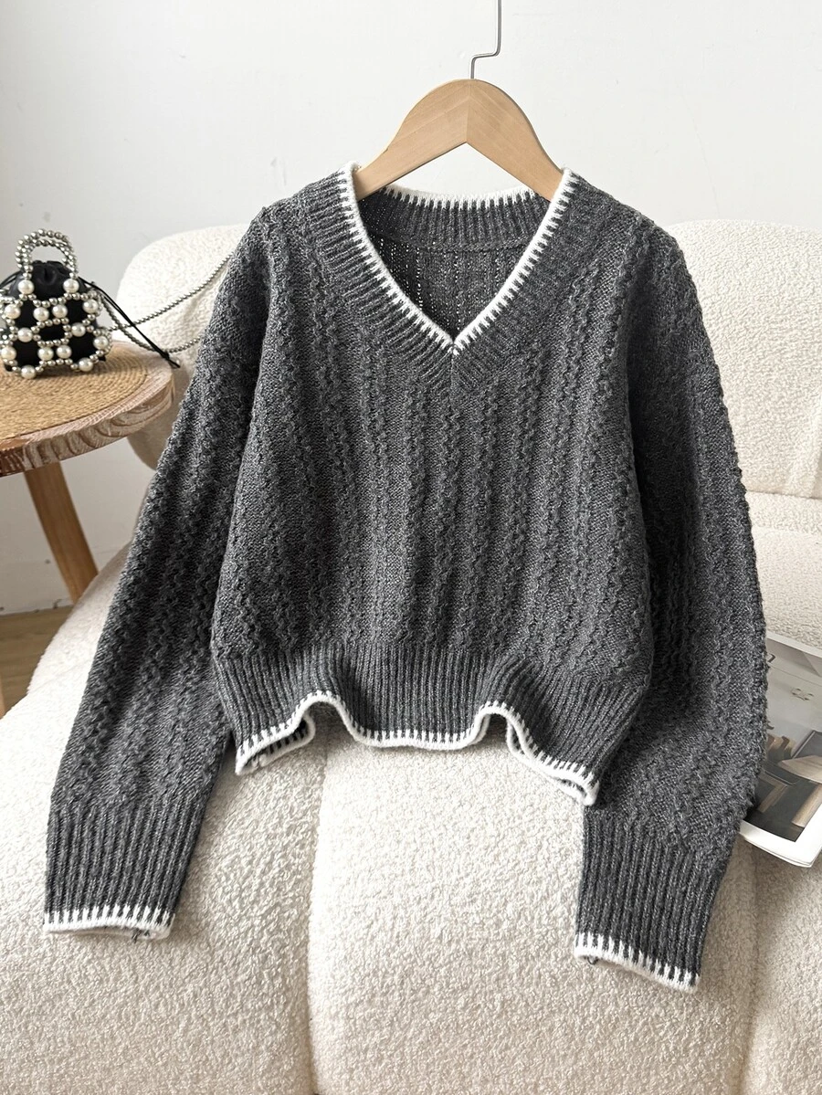 SHEIN Tween Girl Simple Colorblock Trim Casual V-Neck Sweater Top Fall/Winter - Dark Grey - View 1