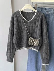 SHEIN Tween Girl Simple Colorblock Trim Casual V-Neck Sweater Top Fall/Winter - Dark Grey - View 5
