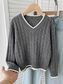 SHEIN Tween Girl Simple Colorblock Trim Casual V-Neck Sweater Top Fall/Winter - Dark Grey - View 4