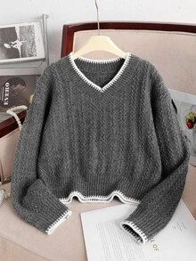 SHEIN Tween Girl Simple Colorblock Trim Casual V-Neck Sweater Top Fall/Winter - Dark Grey - View 3