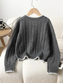 SHEIN Tween Girl Simple Colorblock Trim Casual V-Neck Sweater Top Fall/Winter - Dark Grey - View 2