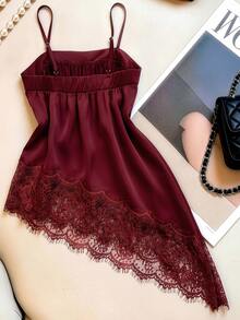 SHEIN Women's Solid Color Lace Trim Asymmetrical Hem Elegant Camisole - Burgundy - View 2