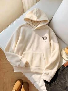 SHEIN 女童字母蝴蝶結圖案連帽休閒可愛印花日常長袖衛衣 白色 秋季 校園 - 米色 - 查看 2