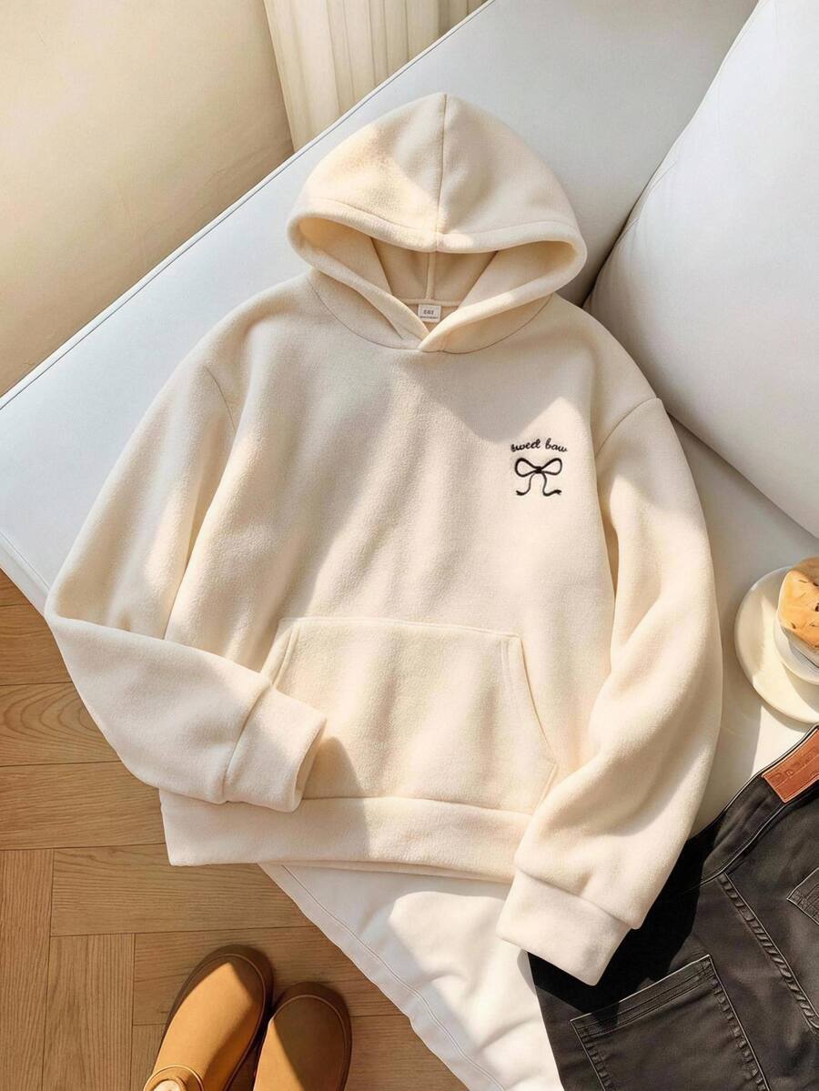 SHEIN 女童字母蝴蝶結圖案連帽休閒可愛印花日常長袖衛衣 白色 秋季 校園