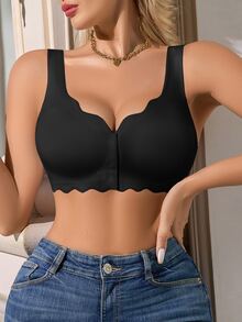 1 Pc Women Casual Comfort Front Hook Closure Seamless Solid Color Wire-Free Bras - Black - View 5