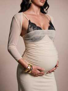 MaterniChic Maternity Lace Patchwork Camisole Dress And Cover-Up Top 2 Pieces Set Fall - Apricot - View 1