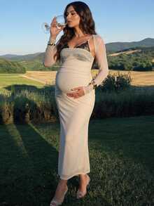 MaterniChic Maternity Lace Patchwork Camisole Dress And Cover-Up Top 2 Pieces Set Fall - Apricot - View 2