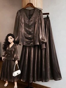 Modelyn Plus Size Women's Solid Color V-Neck Lantern Sleeve Blouse And Skirt Elegant 2-Piece Set - Coffee Brown - View 3