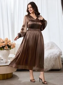Modelyn Plus Size Women's Solid Color V-Neck Lantern Sleeve Blouse And Skirt Elegant 2-Piece Set - Coffee Brown - View 5
