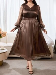 Modelyn Plus Size Women's Solid Color V-Neck Lantern Sleeve Blouse And Skirt Elegant 2-Piece Set - Coffee Brown - View 6