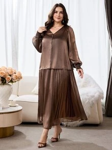 Modelyn Plus Size Women's Solid Color V-Neck Lantern Sleeve Blouse And Skirt Elegant 2-Piece Set - Coffee Brown - View 4
