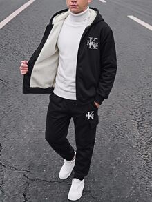 SHEIN 兒童青少年男孩休閒運動簡約百搭 King 字母圖案連帽保暖內裡加厚外套與長褲 2 件套，適合通勤、上學、日常休閒、運動、街頭穿搭，秋冬適用 - 黑色 - 查看 5