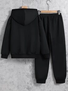SHEIN 兒童青少年男孩休閒運動簡約百搭 King 字母圖案連帽保暖內裡加厚外套與長褲 2 件套，適合通勤、上學、日常休閒、運動、街頭穿搭，秋冬適用 - 黑色 - 查看 4