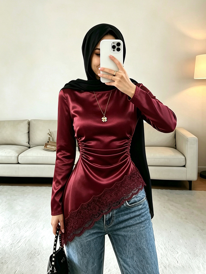 SHEIN Women's Solid Color Lace Trim Asymmetrical Hem Elegant Sexy Long Round Neck Sleeve Top Night Out Going Out Burgundy Autumn Spring Christmas Halloween