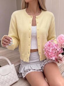EastFlair 女款休閒基礎素色圓領長袖寬鬆短版開襟針織外套 秋季開學季 淡黃色 教師節 老師 秋季外套 - 芥末黃 - 查看 13