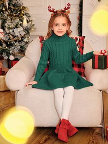 SHEIN Young Girl Christmas A-Line High Neck Knitted Sweater Dress Autumn Fall - Green - View 5