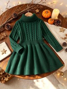 SHEIN Young Girl Christmas A-Line High Neck Knitted Sweater Dress Autumn Fall - Green - View 10