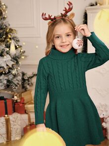 SHEIN Young Girl Christmas A-Line High Neck Knitted Sweater Dress Autumn Fall - Green - View 6