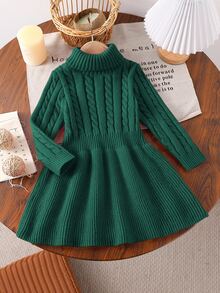 SHEIN Young Girl Christmas A-Line High Neck Knitted Sweater Dress Autumn Fall - Green - View 8