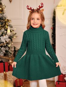 SHEIN Young Girl Christmas A-Line High Neck Knitted Sweater Dress Autumn Fall - Green - View 4