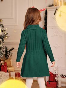 SHEIN Young Girl Christmas A-Line High Neck Knitted Sweater Dress Autumn Fall - Green - View 3