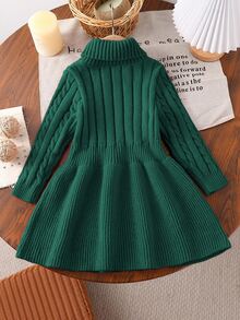 SHEIN Young Girl Christmas A-Line High Neck Knitted Sweater Dress Autumn Fall - Green - View 7