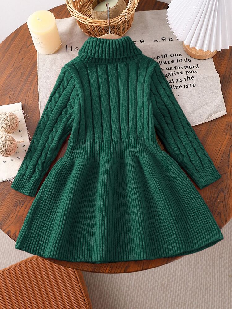 Elladie kids Young Girl Christmas A-Line High Neck Knitted Sweater Dress Autumn Fall - Green - View 6