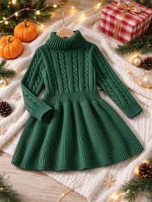 SHEIN Young Girl Christmas A-Line High Neck Knitted Sweater Dress Autumn Fall - Green - View 9