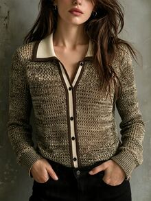 SHEIN Collared Contrast‑Trim Marled Knit Cardigan For Women, Vintage Color Block Lapel Neck Button‑Front L - Green - View 8
