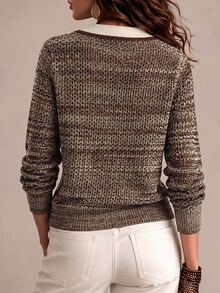 SHEIN Collared Contrast‑Trim Marled Knit Cardigan For Women, Vintage Color Block Lapel Neck Button‑Front L - Green - View 2
