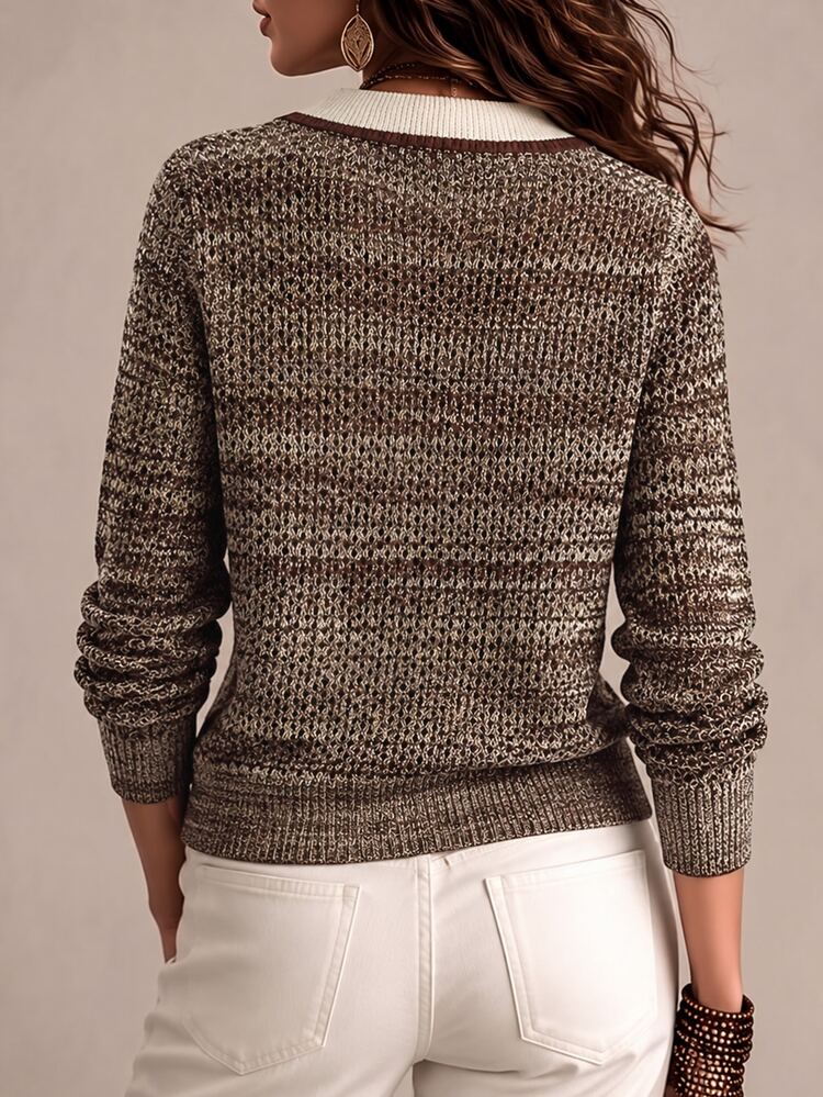 SHEIN 女款領口對比飾邊混色針織開襟外套，復古拼色翻領前扣式 L 號 - 綠色 - 查看 2