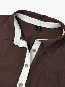 Linhara CURVE Plus Size Autumn Casual Colorblock Placket Shirt - Coffee Brown - View 7