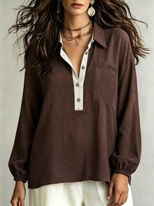 Linhara CURVE Plus Size Autumn Casual Colorblock Placket Shirt - Coffee Brown - View 5