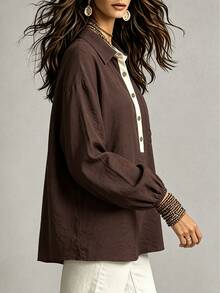 Linhara CURVE Plus Size Autumn Casual Colorblock Placket Shirt - Coffee Brown - View 4