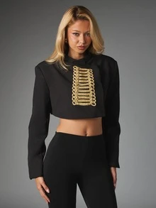 MISSGUIDED Jaket Blazer Pendek dengan Hiasan Kepang Tali Emas, Bahu Terstruktur, Bagian Depan Terbuka, Gaya Pesta Malam Terinspirasi Militer - Hitam - View 1