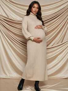 MaterniChic Maternity Solid Color High Neck Drop Shoulder Long Sleeve Elegant Knit Dress - Khaki - View 3