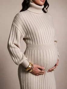 MaterniChic Maternity Solid Color High Neck Drop Shoulder Long Sleeve Elegant Knit Dress - Khaki - View 4