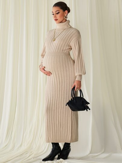 MaterniChic Maternity Solid Color High Neck Drop Shoulder Long Sleeve Elegant Knit Dress