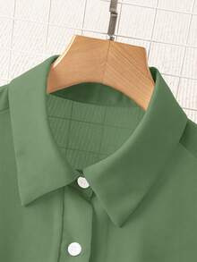 Franclia Turn-Down Collar Basic Transparent Solid Color Minimalist Shirt - Army Green - View 5