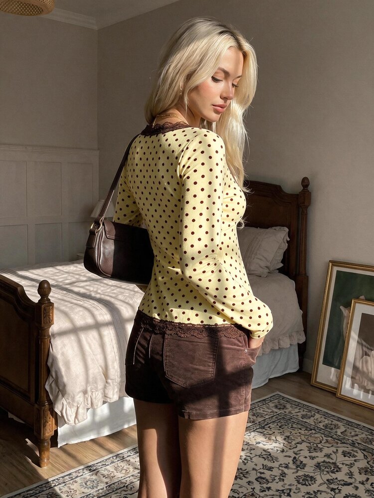 CovetEZ Kaos Kasual Wanita Motif Polkadot Patchwork Renda untuk Sehari-hari - Kuning muda - View 2